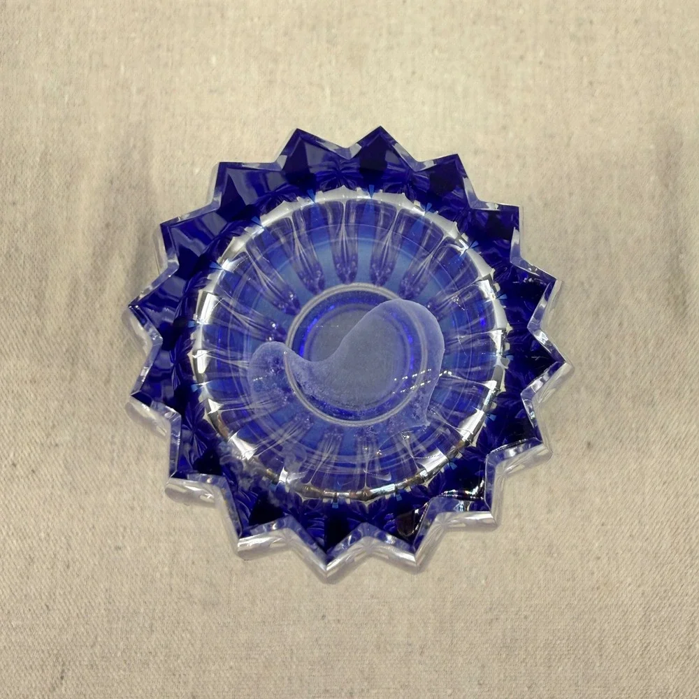Hoya Cobalt Blue Cut Crystal Vase Japanese Modernist Faceted 8